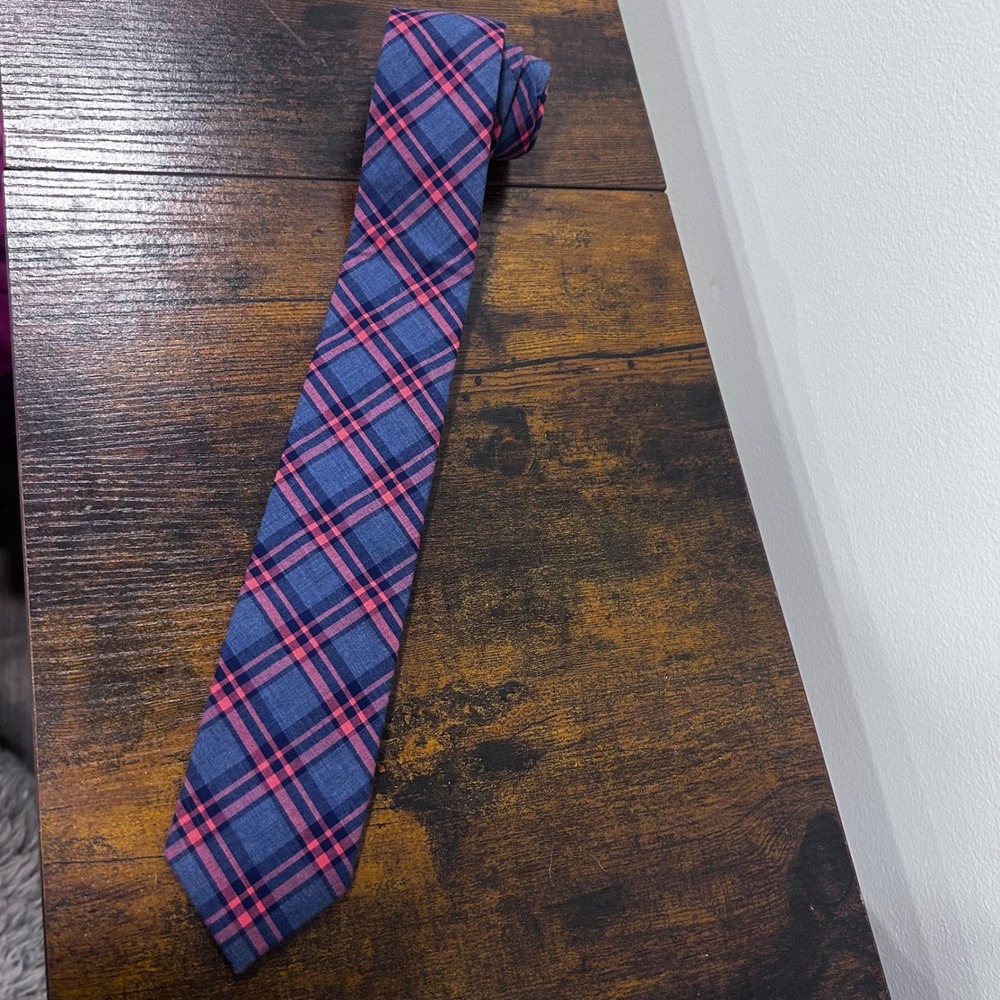 J.Crew Mens Plaid Cotton Necktie Blue Pink Navy Slim Tie
